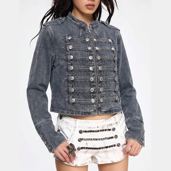 Jackets & Blazers - Gray Denim Military Band Jacket with Silver Button Trim